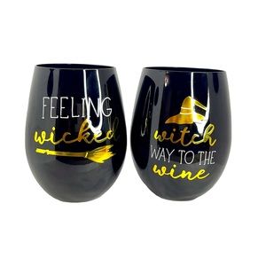 TMD Halloween Stemless Wine Glass Set / Black And Gold Wine Glass